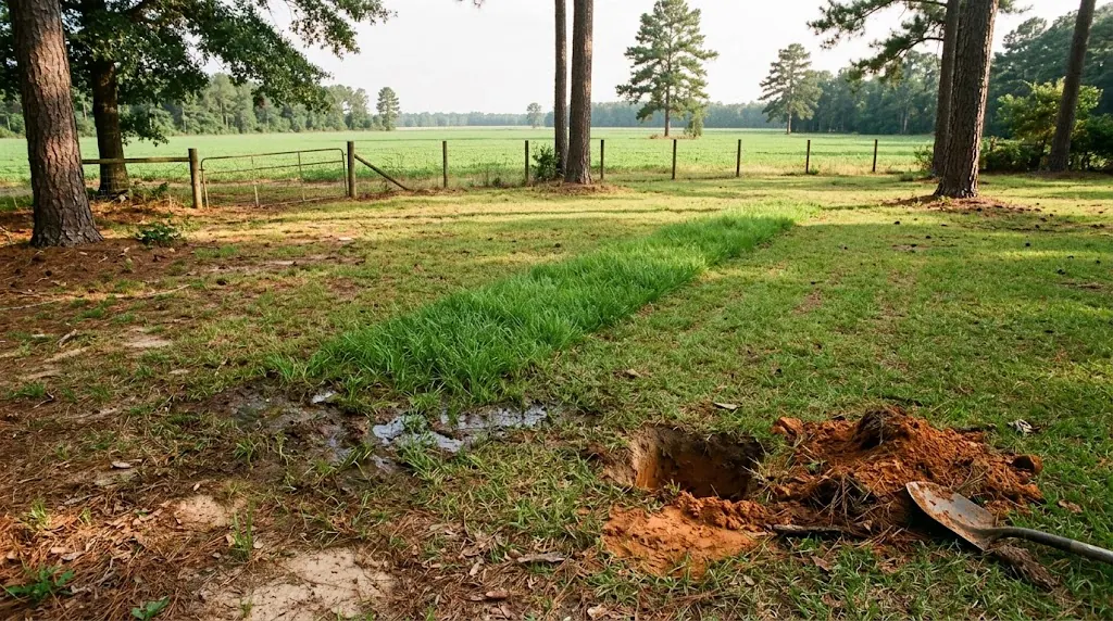 Soggy drain field area in a Wiregrass backyard