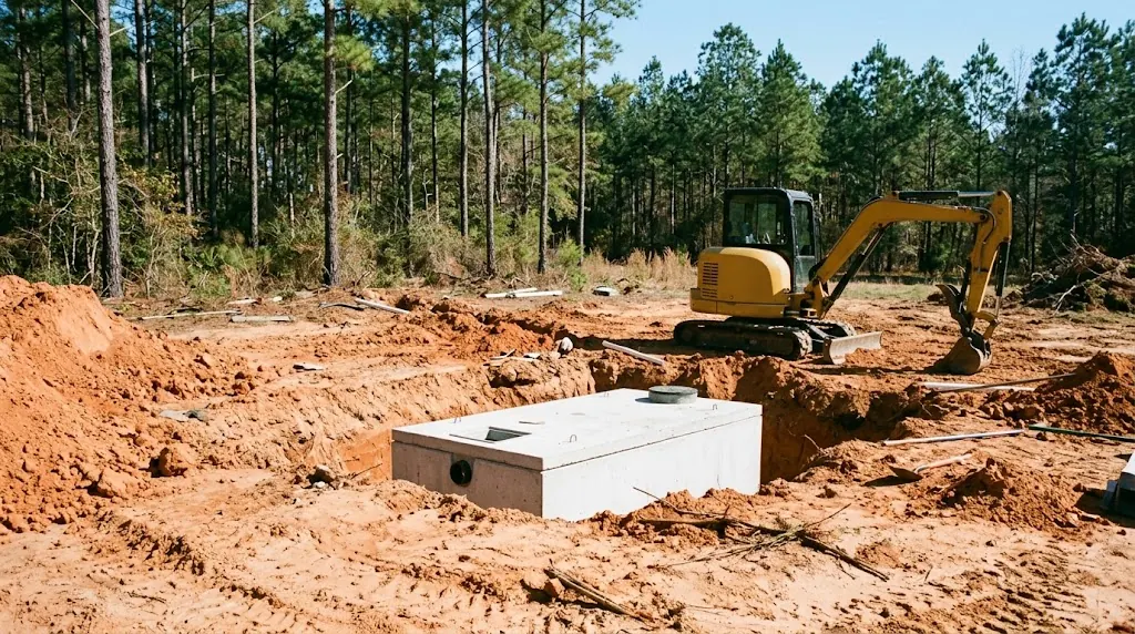 New septic tank installation on a rural lot near Dothan
