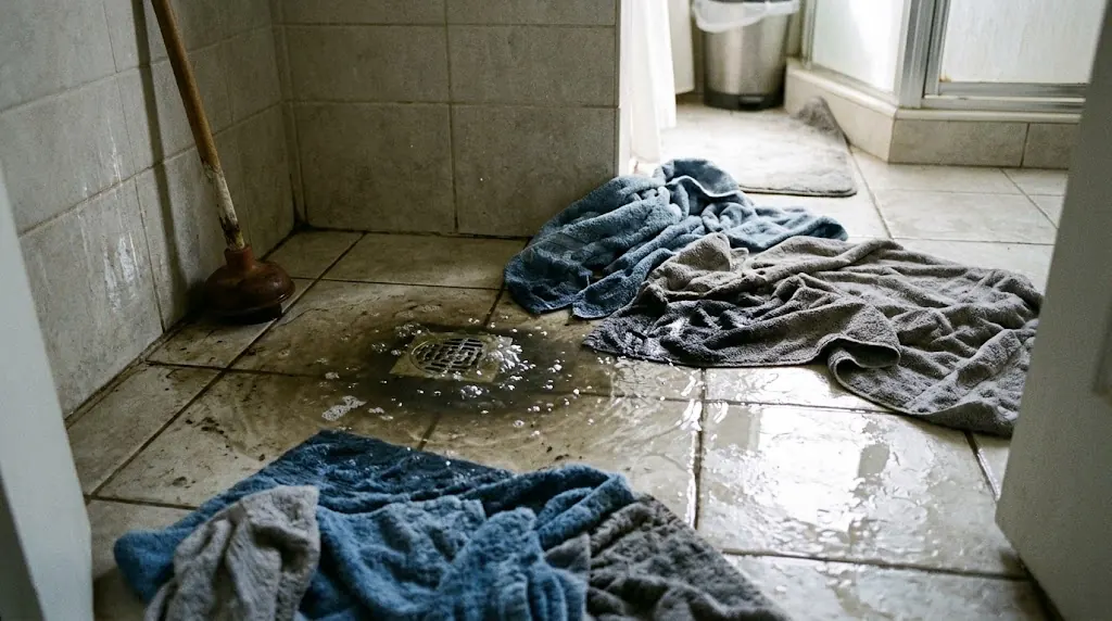 Wastewater backing up through a bathroom floor drain